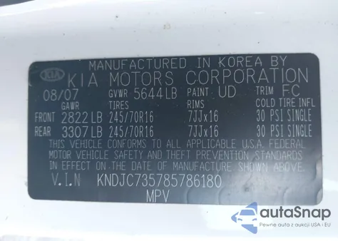 2008 Kia Sorento Lx z USA, uszkodzony, nr VIN KNDJC735785786180